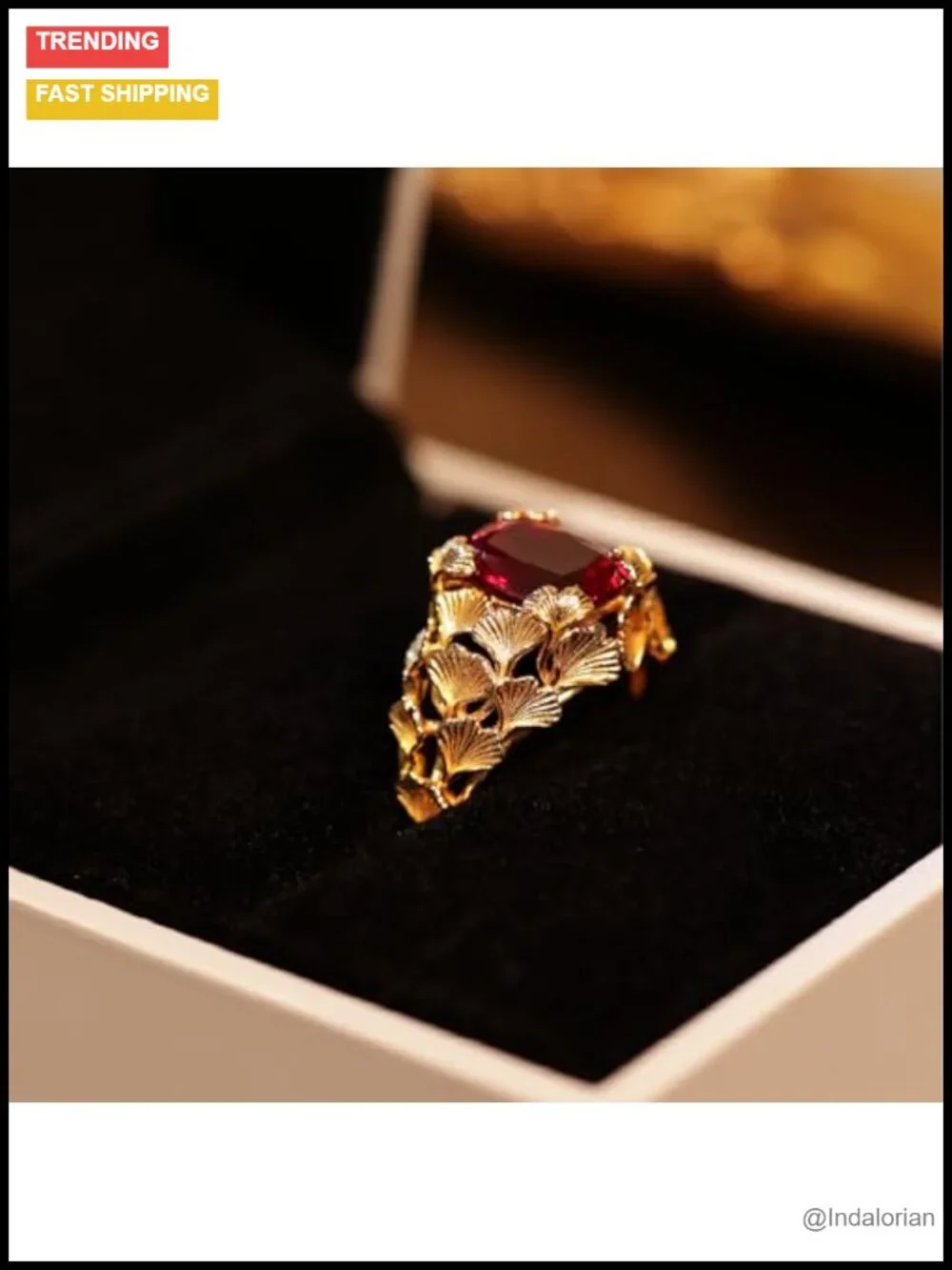Ginkgo Leaf 3.95ct Lab Grown Ruby Ring 24K Gold Plated Sterling Silver
